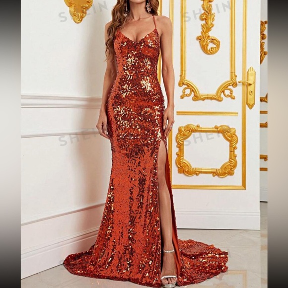 Luxe rust brown slit thigh mermaid hem party formal sequins tube drezs - Picture 2 of 7